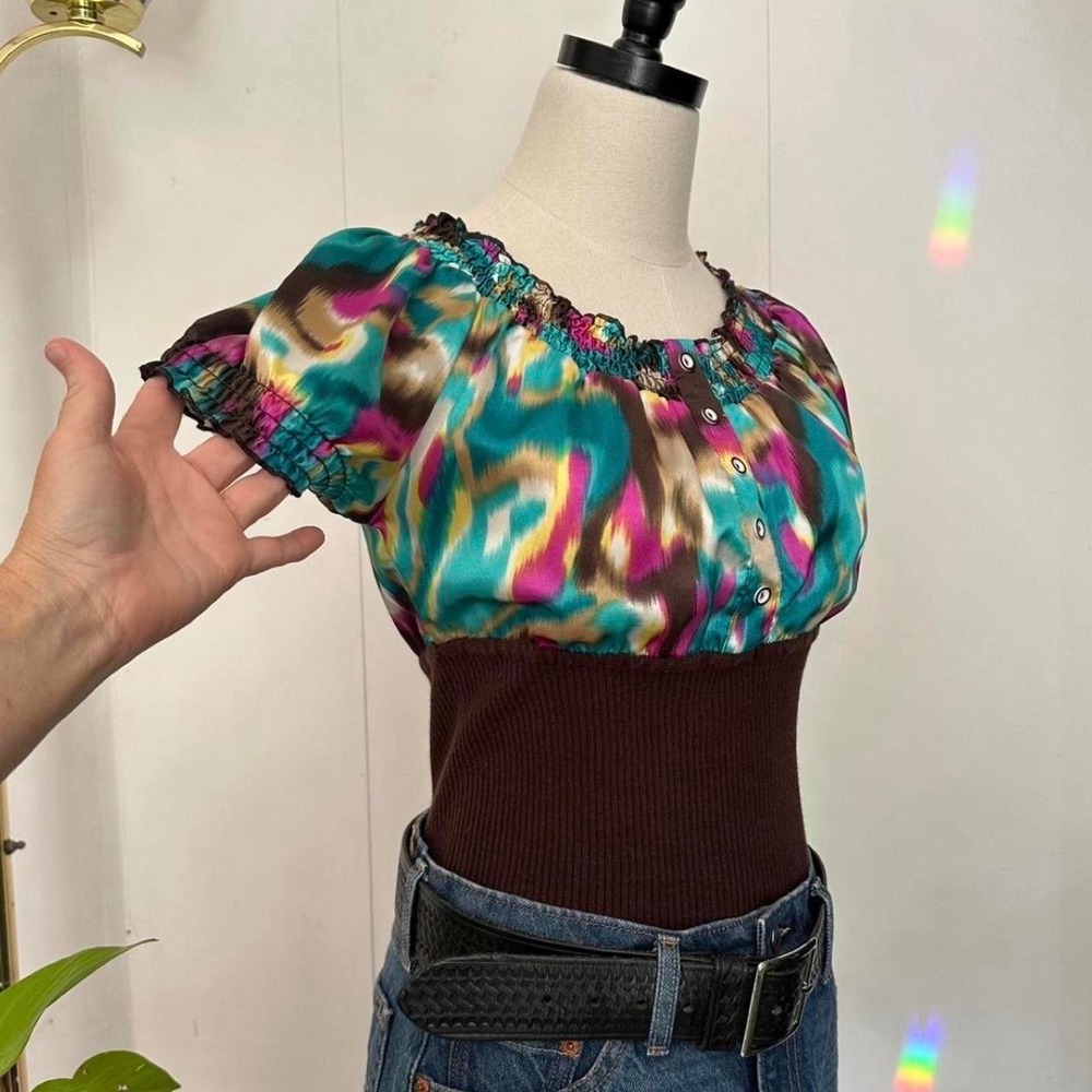 BCX Womens Y2K Milkmaid Top Tie Dye Satin Brown Ribbed Knit Mixed Media Medium